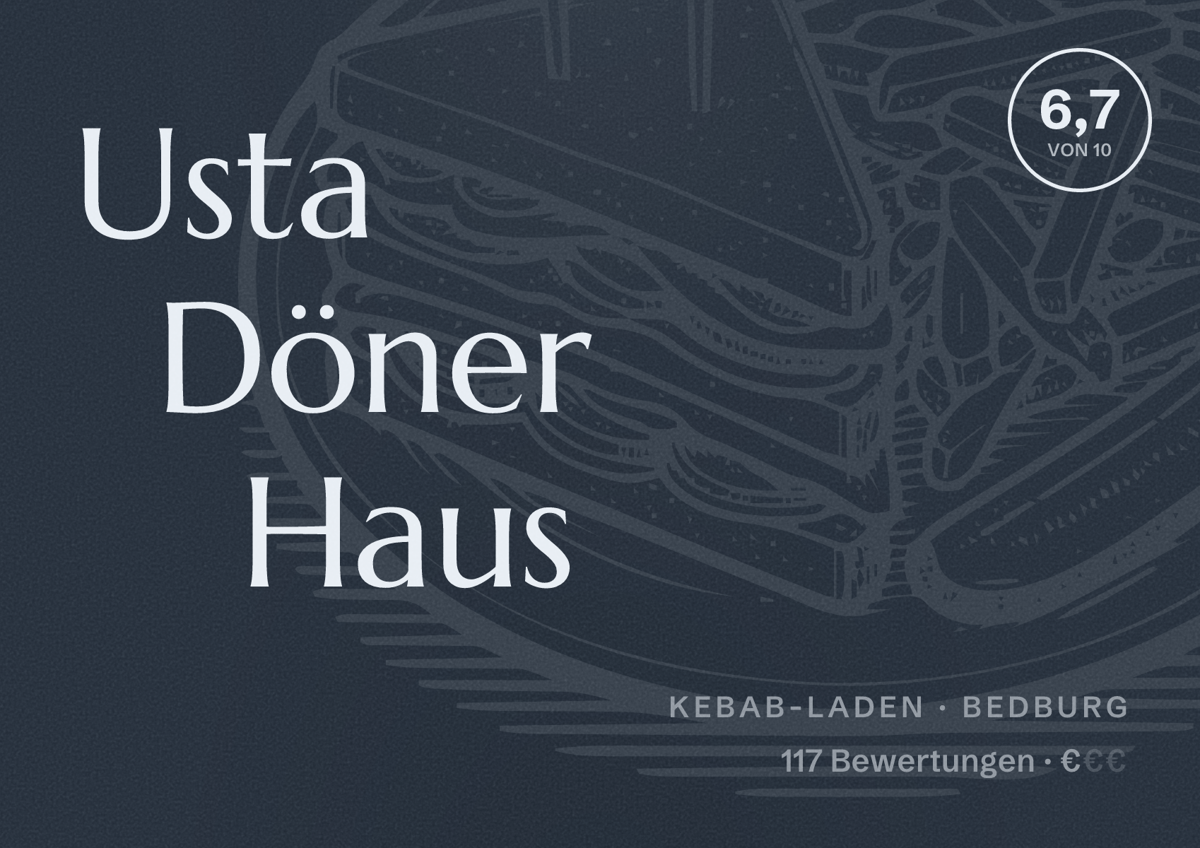 Illustriertes Poster von Usta Döner Haus, Kebab-Laden in Bedburg: Bewertung 6,7 von 10 aus 117 Bewertungen, Preisniveau €