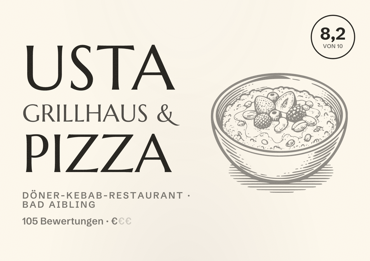 Illustriertes Poster von Usta Grillhaus & Pizza, Döner-Kebab-Restaurant in Bad Aibling: Bewertung 8,2 von 10 aus 105 Bewertungen, Preisniveau €