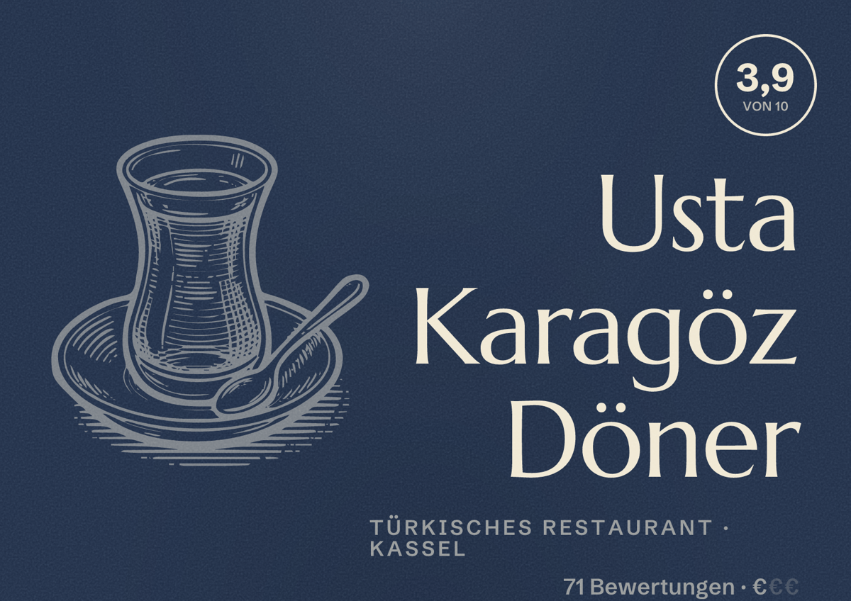 Illustriertes Poster von Usta Karagöz Döner, Türkisches Restaurant in Kassel: Bewertung 3,9 von 10 aus 71 Bewertungen, Preisniveau €