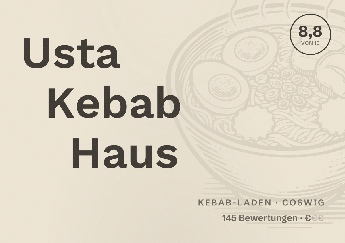 Illustriertes Poster von Usta Kebab Haus, Kebab-Laden in Coswig: Bewertung 8,8 von 10 aus 145 Bewertungen, Preisniveau €