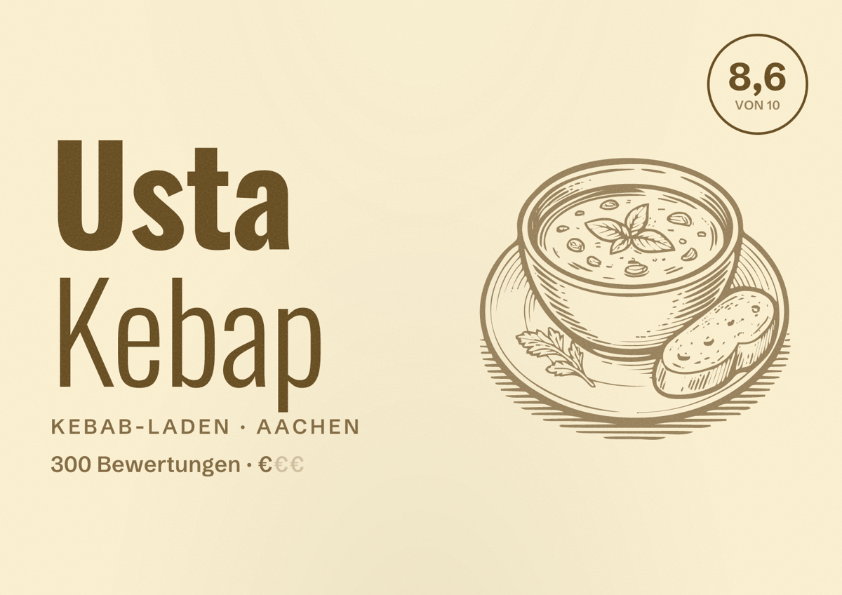 Illustriertes Poster von Usta Kebap, Kebab-Laden in Aachen: Bewertung 8,6 von 10 aus 300 Bewertungen, Preisniveau €
