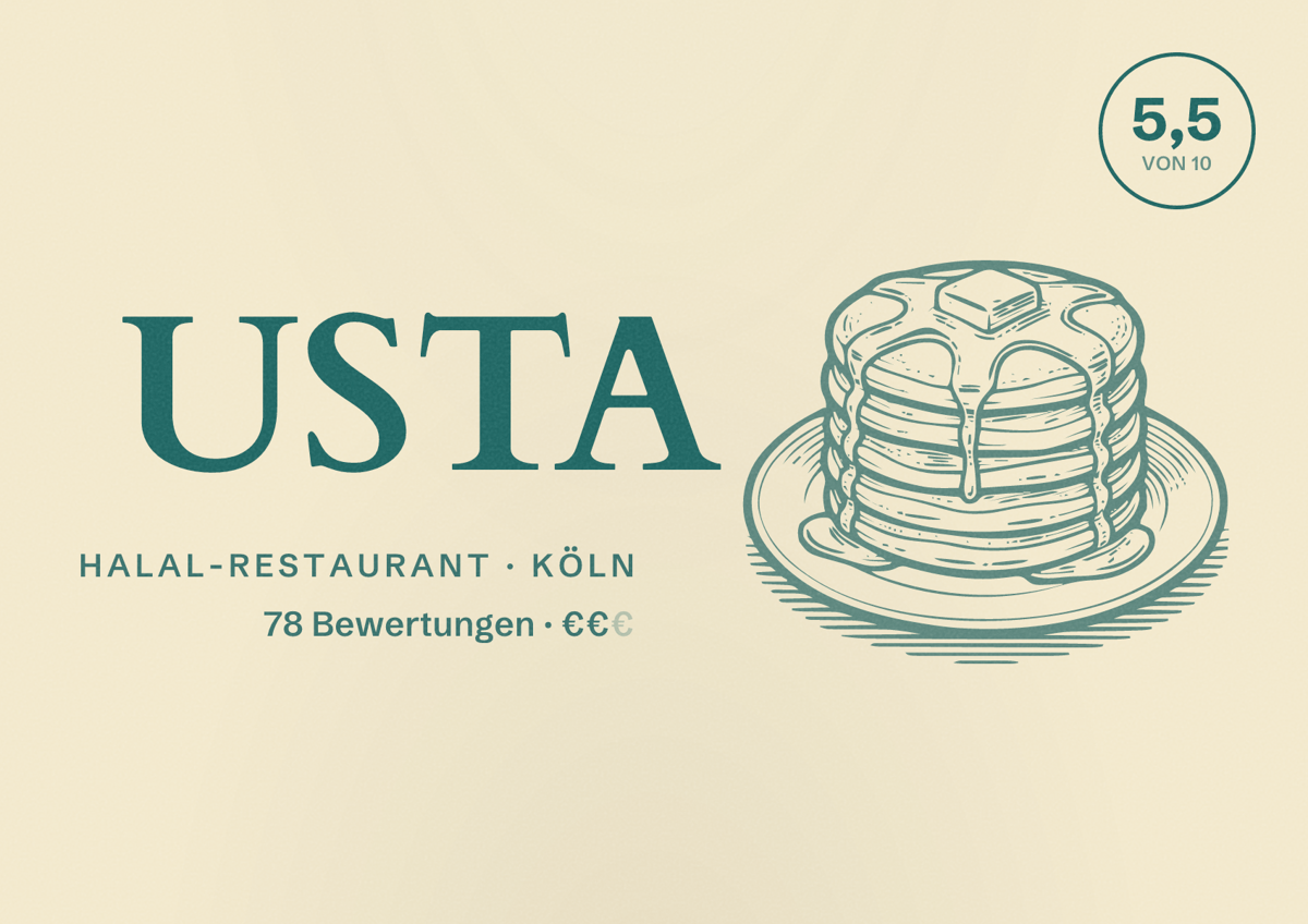 Illustriertes Poster von USTA, Halal-Restaurant in Köln: Bewertung 5,5 von 10 aus 78 Bewertungen, Preisniveau €€