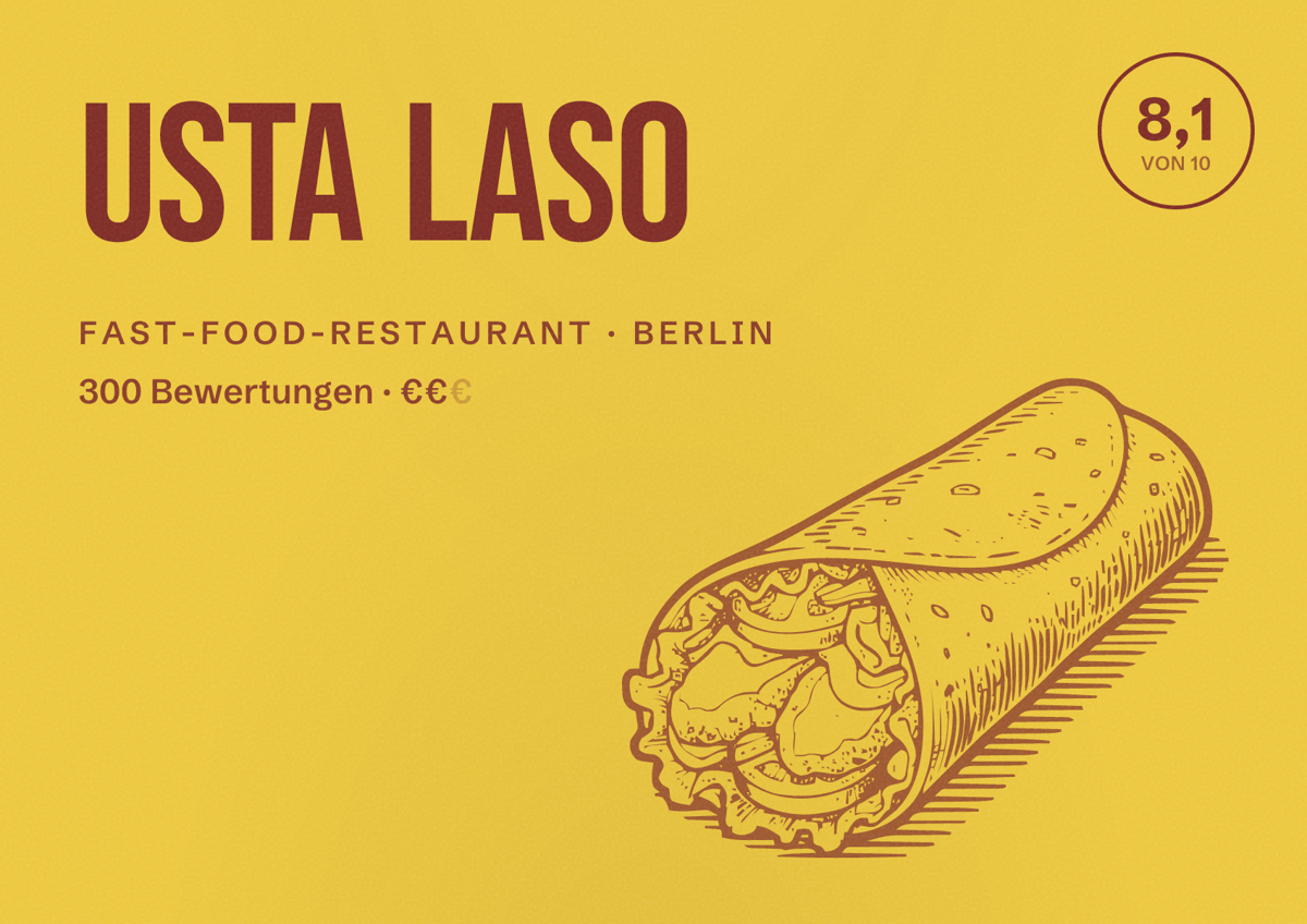 Illustriertes Poster von Usta Laso, Fast-Food-Restaurant in Berlin: Bewertung 8,1 von 10 aus 300 Bewertungen, Preisniveau €€