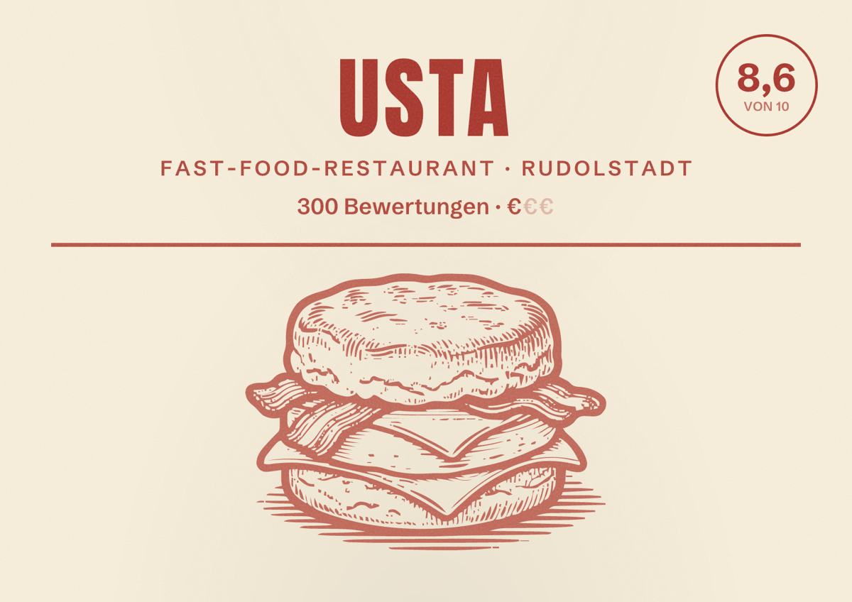 Illustriertes Poster von Usta, Fast-Food-Restaurant in Rudolstadt: Bewertung 8,6 von 10 aus 300 Bewertungen, Preisniveau €