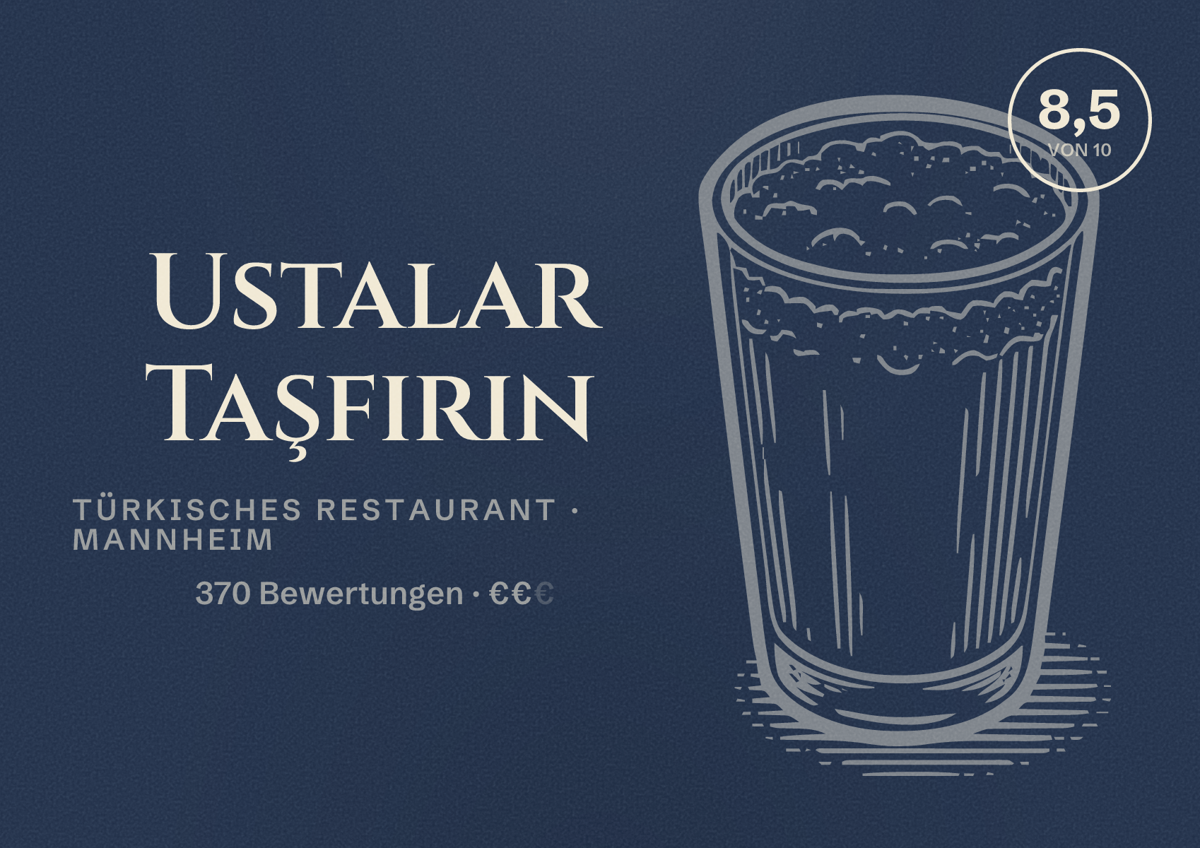 Illustriertes Poster von Ustalar Taşfırın, Türkisches Restaurant in Mannheim: Bewertung 8,5 von 10 aus 370 Bewertungen, Preisniveau €€