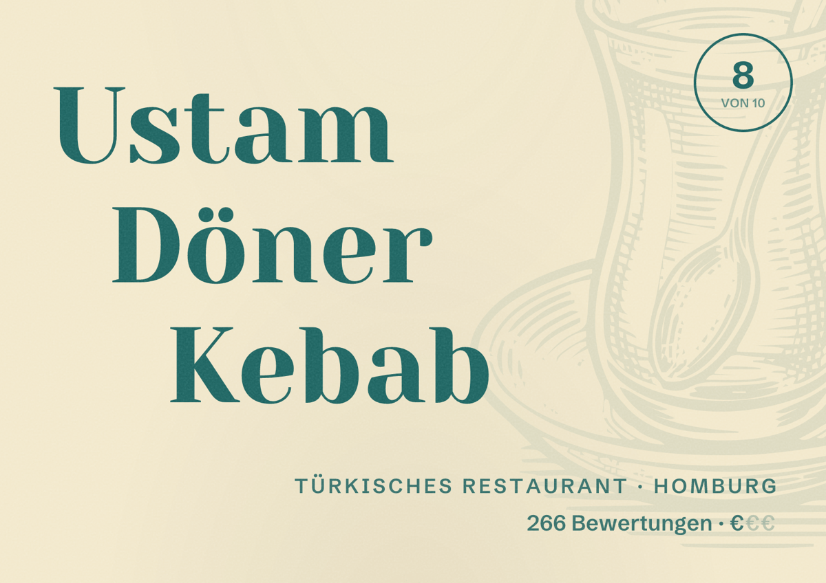 Illustriertes Poster von Ustam Döner Kebab, Türkisches Restaurant in Homburg: Bewertung 8 von 10 aus 266 Bewertungen, Preisniveau €