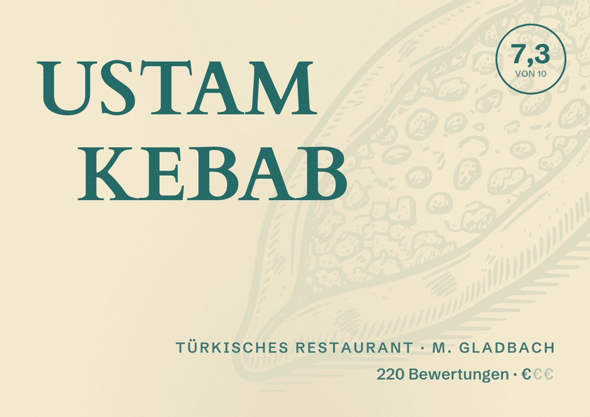 Illustriertes Poster von USTAM KEBAB, Türkisches Restaurant in M. Gladbach: Bewertung 7,3 von 10 aus 220 Bewertungen, Preisniveau €