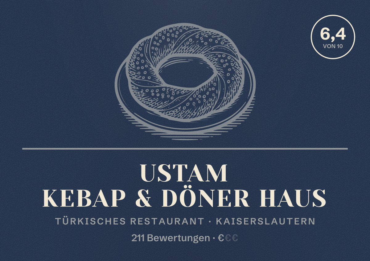 Illustriertes Poster von Ustam Kebap & Döner Haus, Türkisches Restaurant in Kaiserslautern: Bewertung 6,4 von 10 aus 211 Bewertungen, Preisniveau €