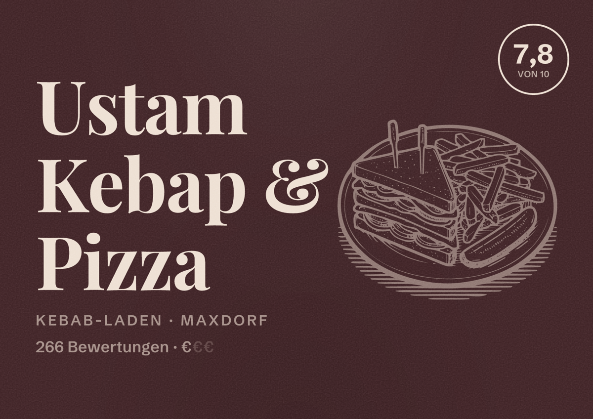 Illustriertes Poster von Ustam Kebap & Pizza, Kebab-Laden in Maxdorf: Bewertung 7,8 von 10 aus 266 Bewertungen, Preisniveau €