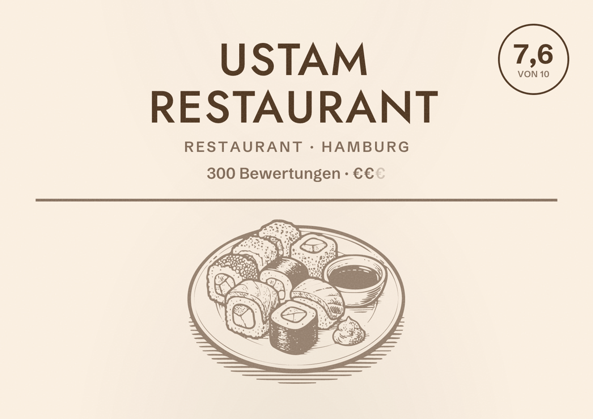 Illustriertes Poster von Ustam Restaurant, Restaurant in Hamburg: Bewertung 7,6 von 10 aus 300 Bewertungen, Preisniveau €€