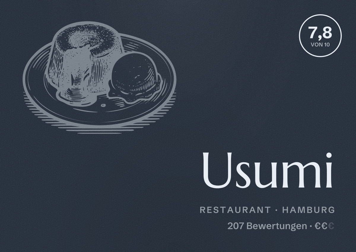 Illustriertes Poster von Usumi, Restaurant in Hamburg: Bewertung 7,8 von 10 aus 207 Bewertungen, Preisniveau €€