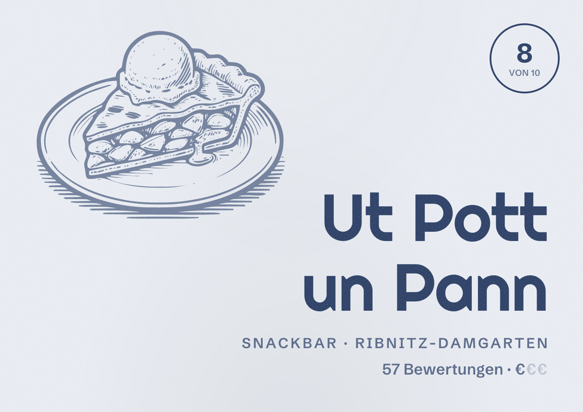 Illustriertes Poster von Ut Pott un Pann, Snackbar in Ribnitz-Damgarten: Bewertung 8 von 10 aus 57 Bewertungen, Preisniveau €