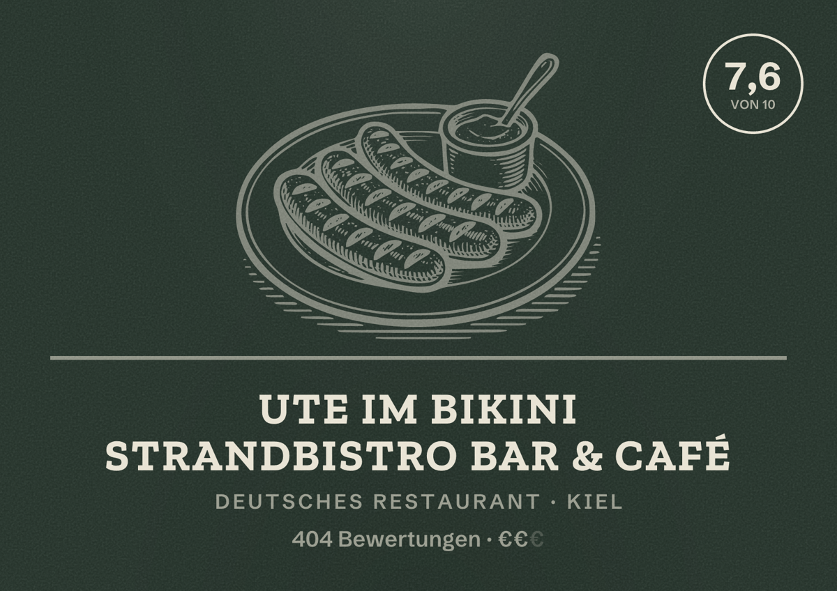 Illustriertes Poster von Ute im Bikini Strandbistro Bar & Café, Deutsches Restaurant in Kiel: Bewertung 7,6 von 10 aus 404 Bewertungen, Preisniveau €€