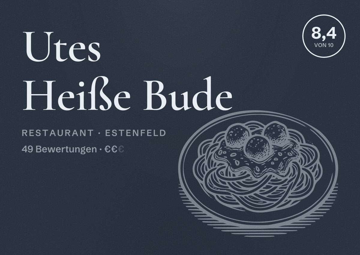 Illustriertes Poster von Utes Heiße Bude, Restaurant in Estenfeld: Bewertung 8,4 von 10 aus 49 Bewertungen, Preisniveau €€