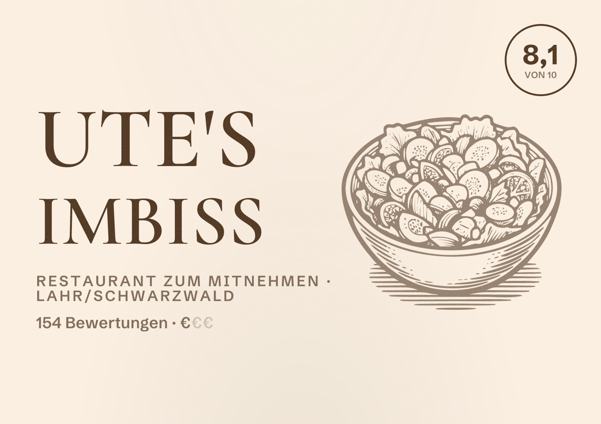 Illustriertes Poster von Ute's Imbiss, Restaurant zum Mitnehmen in Lahr/Schwarzwald: Bewertung 8,1 von 10 aus 154 Bewertungen, Preisniveau €