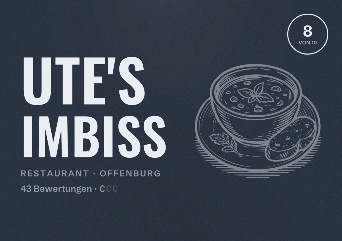 Illustriertes Poster von Ute's Imbiss, Restaurant in Offenburg: Bewertung 8 von 10 aus 43 Bewertungen, Preisniveau €