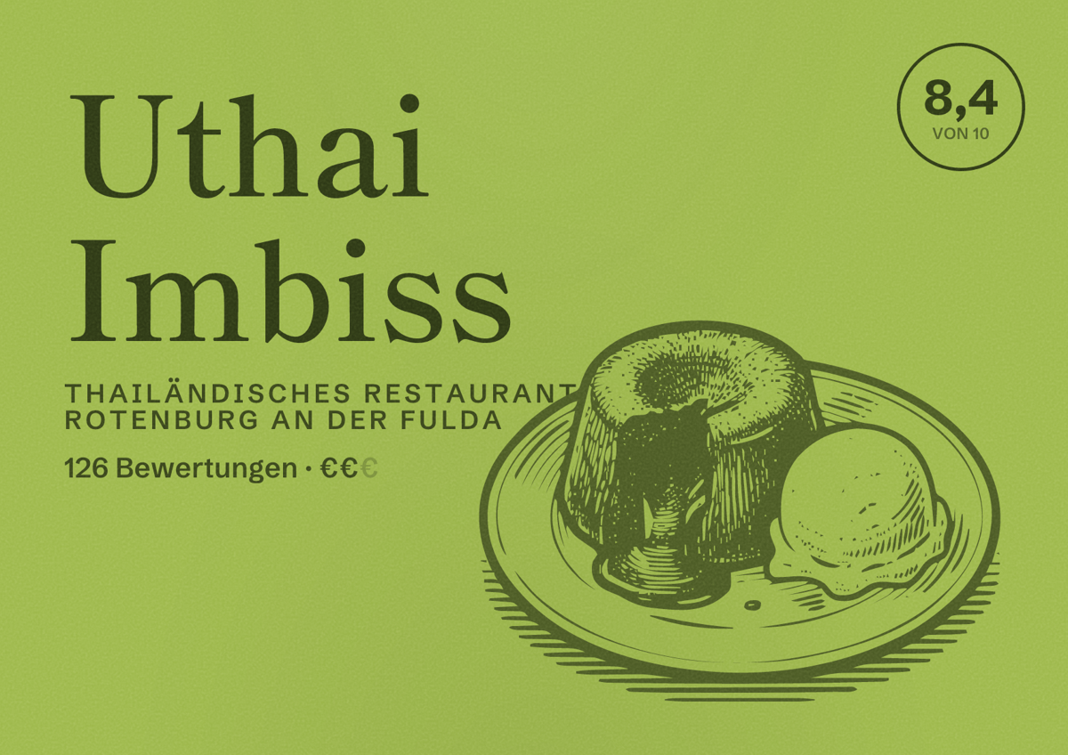 Illustriertes Poster von Uthai Imbiss, Thailändisches Restaurant in Rotenburg an der Fulda: Bewertung 8,4 von 10 aus 126 Bewertungen, Preisniveau €€