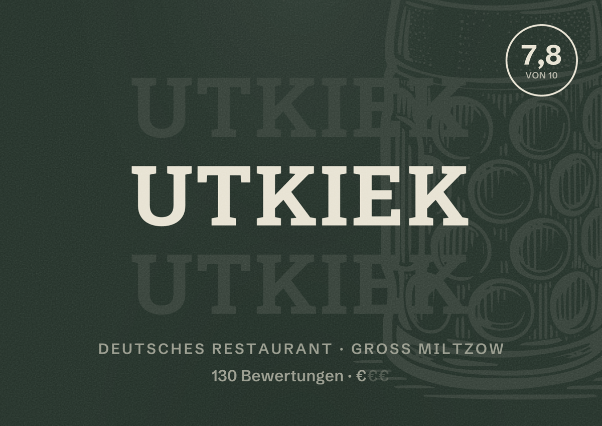 Illustriertes Poster von Utkiek, Deutsches Restaurant in Groß Miltzow: Bewertung 7,8 von 10 aus 130 Bewertungen, Preisniveau €