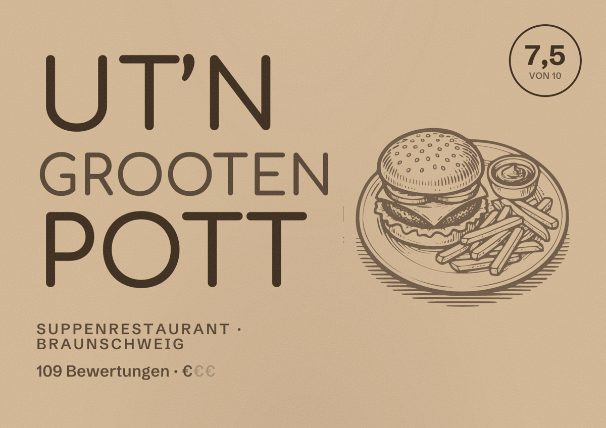 Illustriertes Poster von UT’N GROOTEN POTT, Suppenrestaurant in Braunschweig: Bewertung 7,5 von 10 aus 109 Bewertungen, Preisniveau €