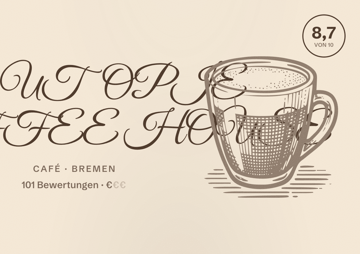 Illustriertes Poster von UTOPIE COFFEE HOUSE, Café in Bremen: Bewertung 8,7 von 10 aus 101 Bewertungen, Preisniveau €
