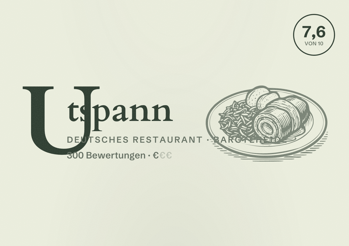 Illustriertes Poster von Utspann, Deutsches Restaurant in Bargteheide: Bewertung 7,6 von 10 aus 300 Bewertungen, Preisniveau €