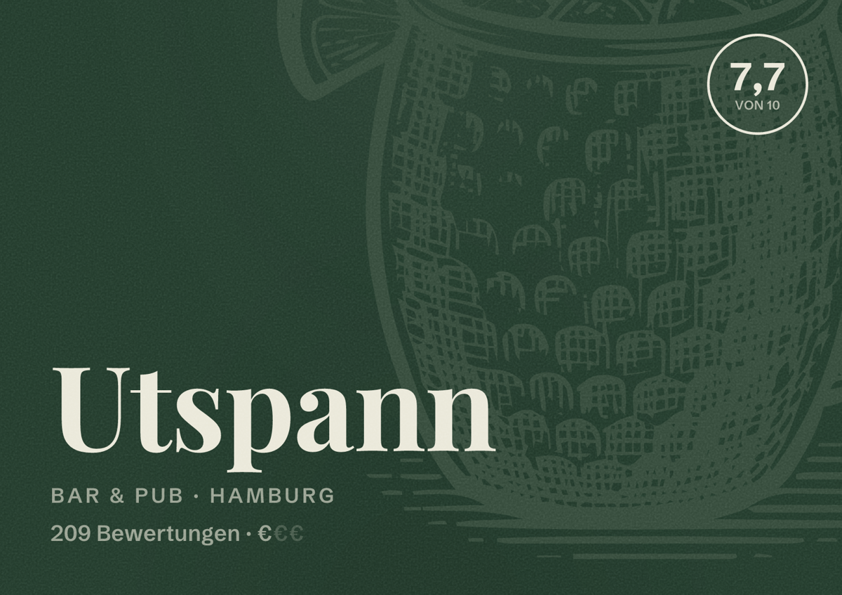 Illustriertes Poster von Utspann, Bar & Pub in Hamburg: Bewertung 7,7 von 10 aus 209 Bewertungen, Preisniveau €