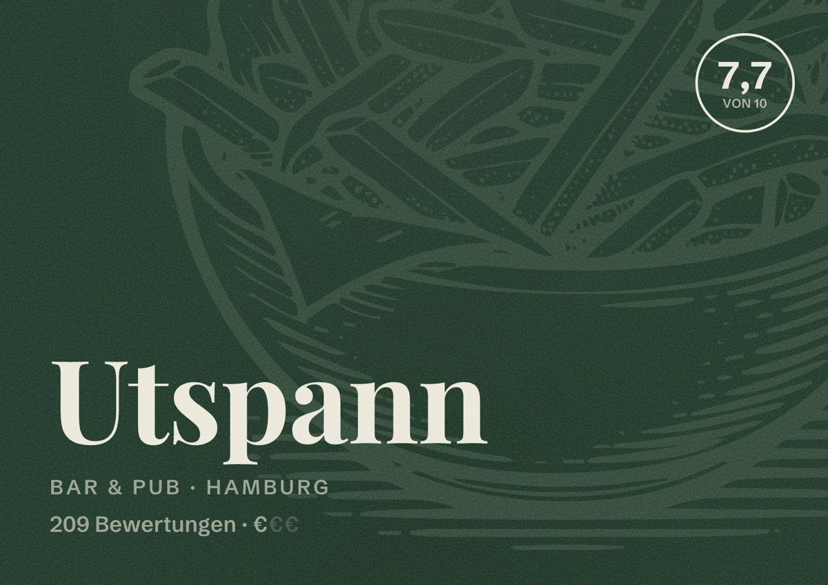 Illustriertes Poster von Utspann, Bar & Pub in Hamburg: Bewertung 7,7 von 10 aus 209 Bewertungen, Preisniveau €