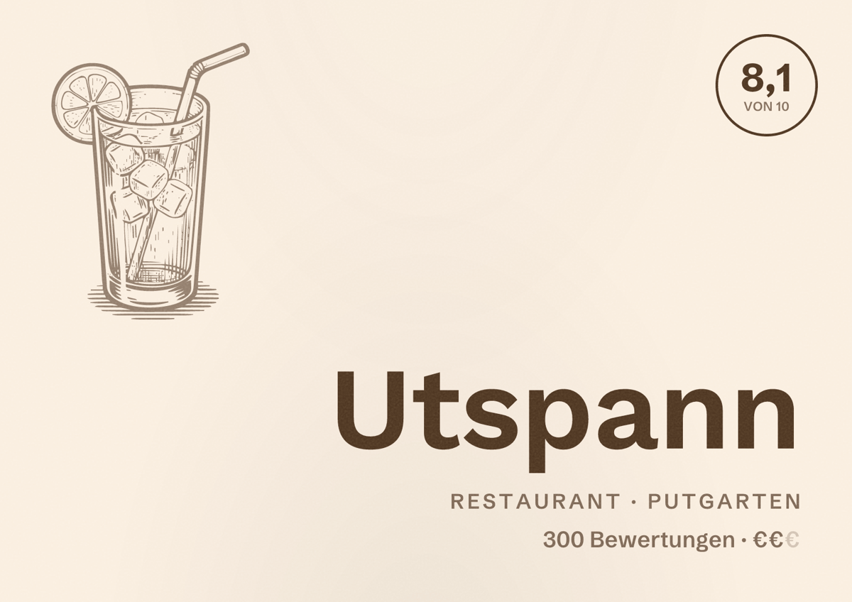 Illustriertes Poster von Utspann, Restaurant in Putgarten: Bewertung 8,1 von 10 aus 300 Bewertungen, Preisniveau €€