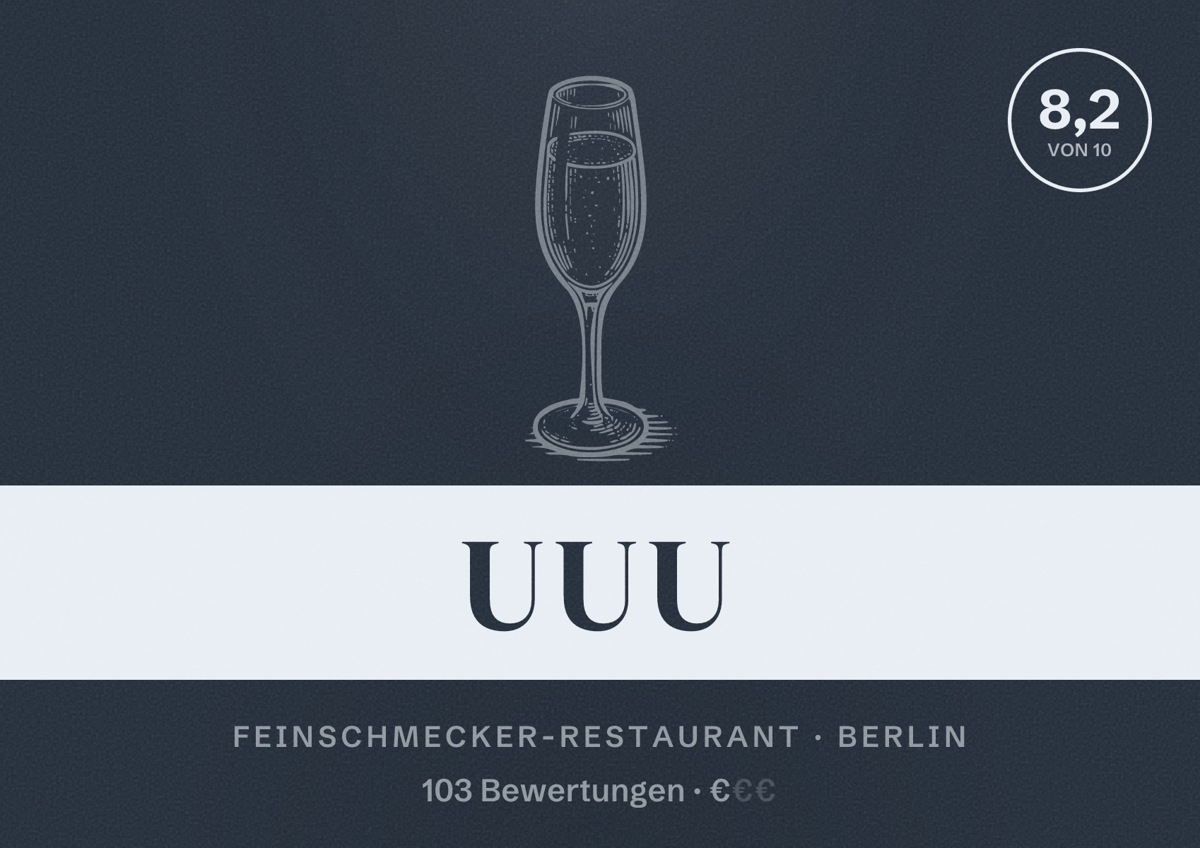 Illustriertes Poster von UUU, Feinschmecker-Restaurant in Berlin: Bewertung 8,2 von 10 aus 103 Bewertungen, Preisniveau €