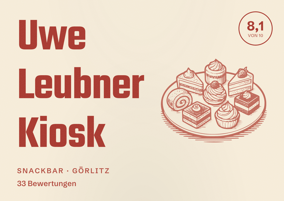 Illustriertes Poster von Uwe Leubner Kiosk, Snackbar in Görlitz: Bewertung 8,1 von 10 aus 33 Bewertungen