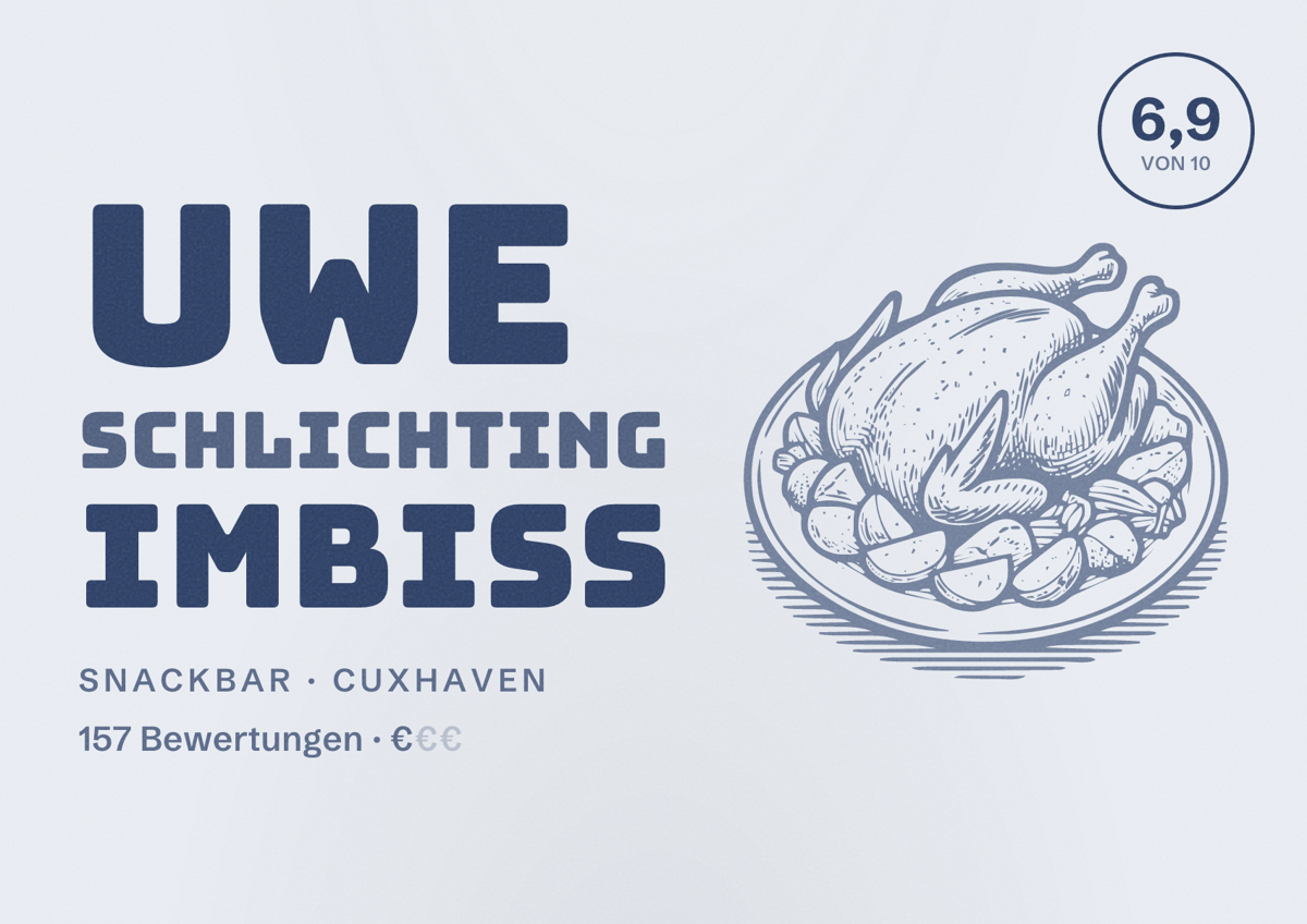 Illustriertes Poster von Uwe Schlichting Imbiss, Snackbar in Cuxhaven: Bewertung 6,9 von 10 aus 157 Bewertungen, Preisniveau €