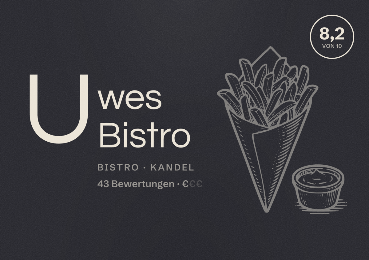 Illustriertes Poster von Uwes Bistro, Bistro in Kandel: Bewertung 8,2 von 10 aus 43 Bewertungen, Preisniveau €
