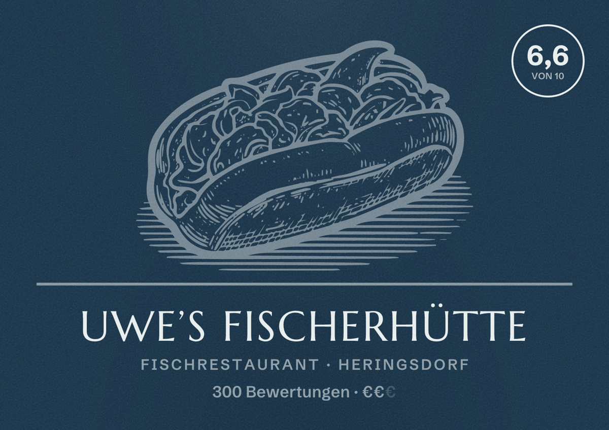 Illustriertes Poster von Uwe’s Fischerhütte, Fischrestaurant in Heringsdorf: Bewertung 6,6 von 10 aus 300 Bewertungen, Preisniveau €€