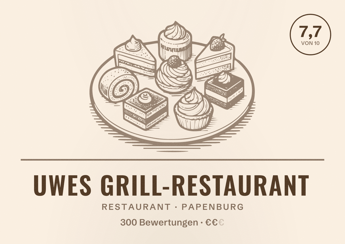 Illustriertes Poster von Uwes Grill-Restaurant, Restaurant in Papenburg: Bewertung 7,7 von 10 aus 300 Bewertungen, Preisniveau €€
