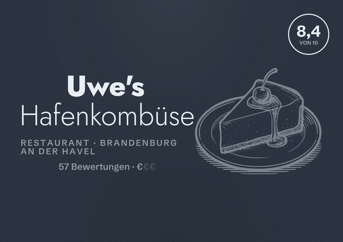 Illustriertes Poster von Uwe's Hafenkombüse, Restaurant in Brandenburg an der Havel: Bewertung 8,4 von 10 aus 57 Bewertungen, Preisniveau €