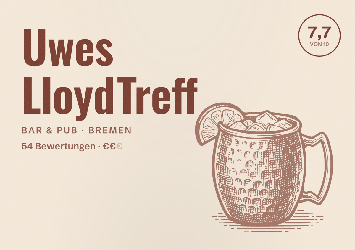 Illustriertes Poster von Uwes LloydTreff, Bar & Pub in Bremen: Bewertung 7,7 von 10 aus 54 Bewertungen, Preisniveau €€