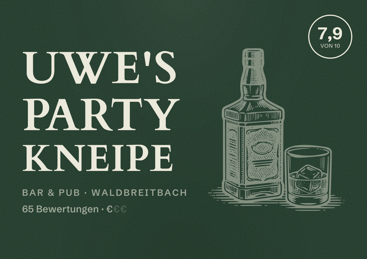 Illustriertes Poster von Uwe's Party Kneipe, Bar & Pub in Waldbreitbach: Bewertung 7,9 von 10 aus 65 Bewertungen, Preisniveau €