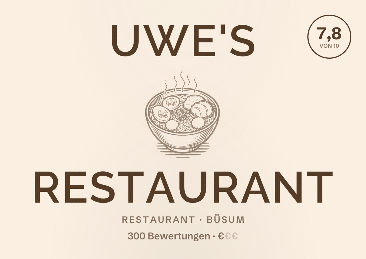 Illustriertes Poster von Uwe's Restaurant, Restaurant in Büsum: Bewertung 7,8 von 10 aus 300 Bewertungen, Preisniveau €