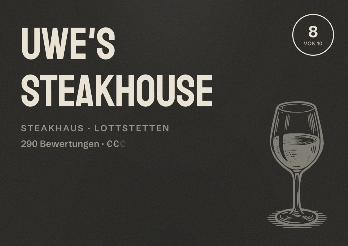 Illustriertes Poster von Uwe's Steakhouse, Steakhaus in Lottstetten: Bewertung 8 von 10 aus 290 Bewertungen, Preisniveau €€