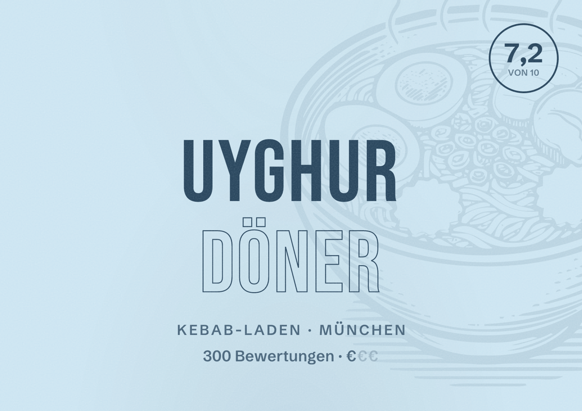 Illustriertes Poster von Uyghur Döner, Kebab-Laden in München: Bewertung 7,2 von 10 aus 300 Bewertungen, Preisniveau €