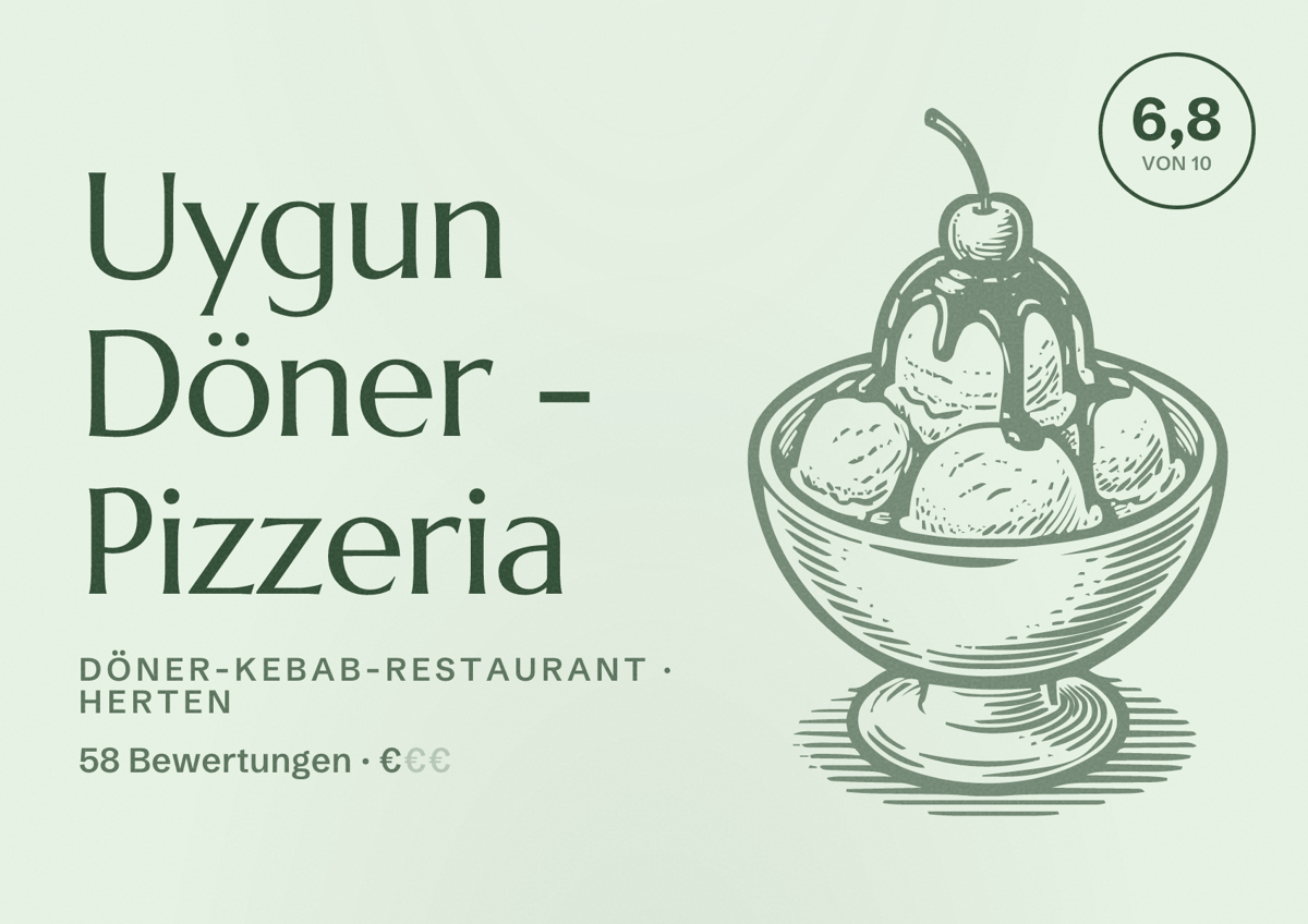 Illustriertes Poster von Uygun Döner - Pizzeria, Döner-Kebab-Restaurant in Herten: Bewertung 6,8 von 10 aus 58 Bewertungen, Preisniveau €