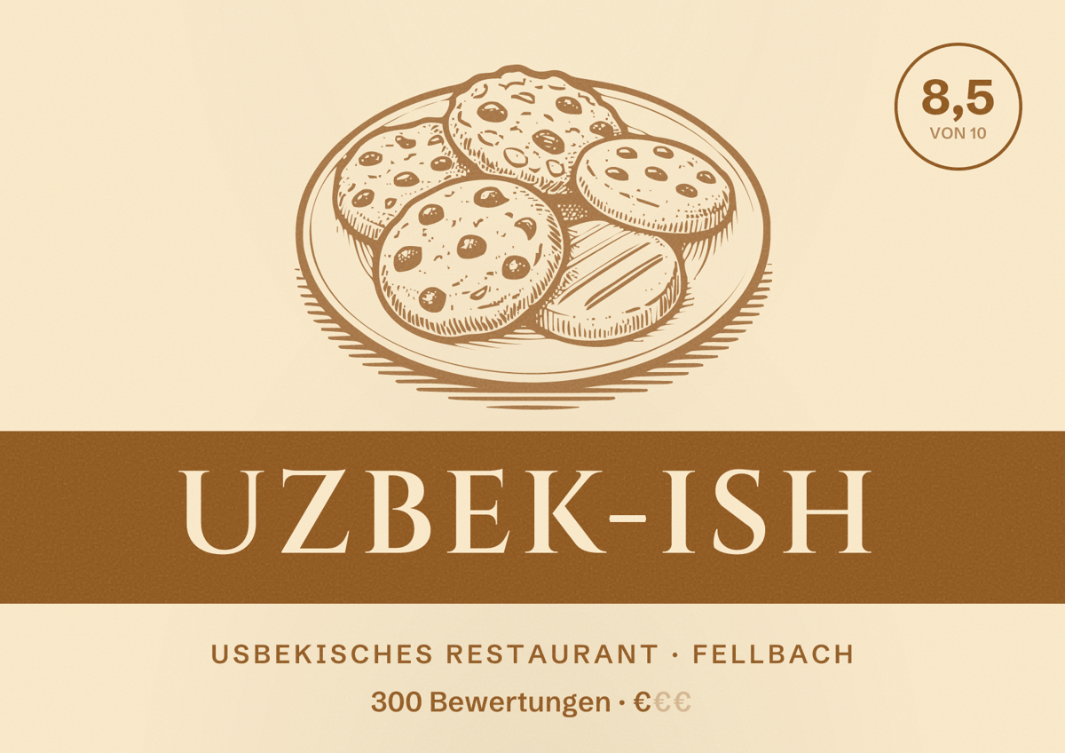 Illustriertes Poster von uzbek-ish, Usbekisches Restaurant in Fellbach: Bewertung 8,5 von 10 aus 300 Bewertungen, Preisniveau €