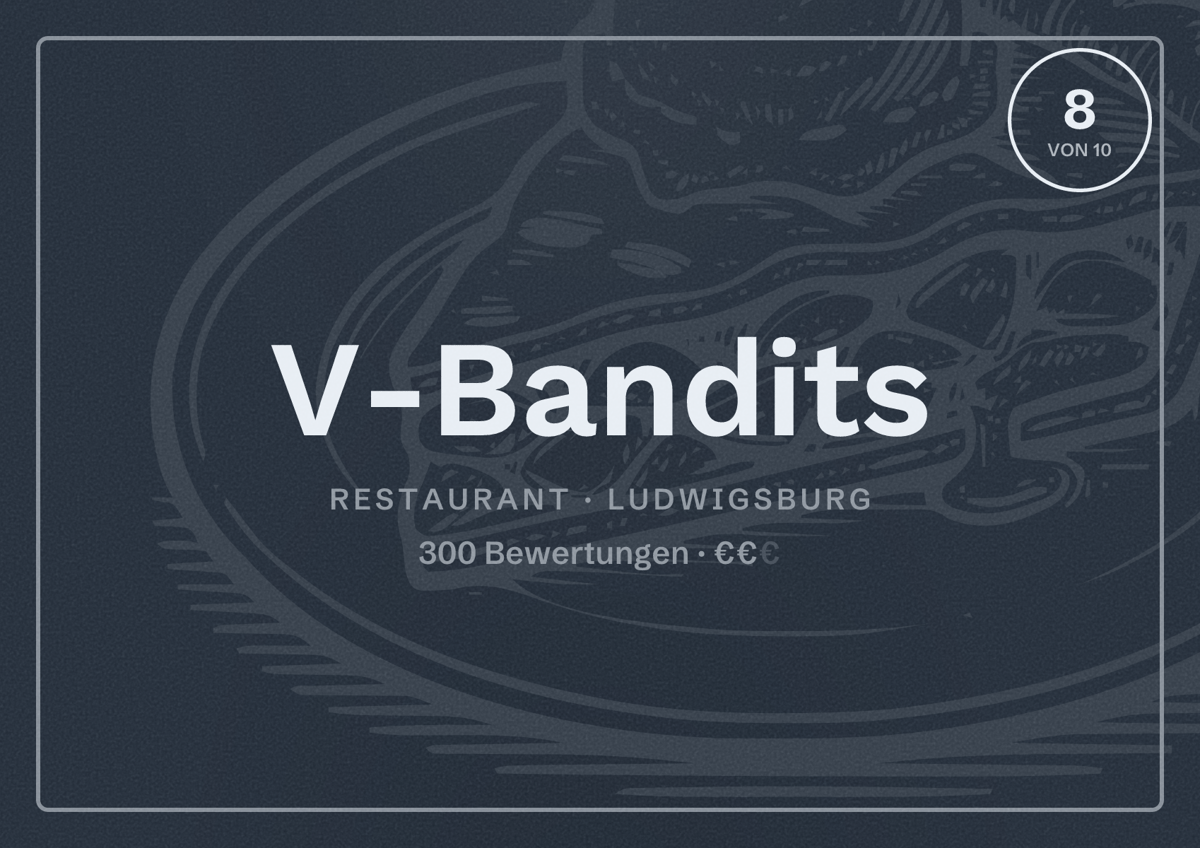 Illustriertes Poster von V-Bandits, Restaurant in Ludwigsburg: Bewertung 8 von 10 aus 300 Bewertungen, Preisniveau €€