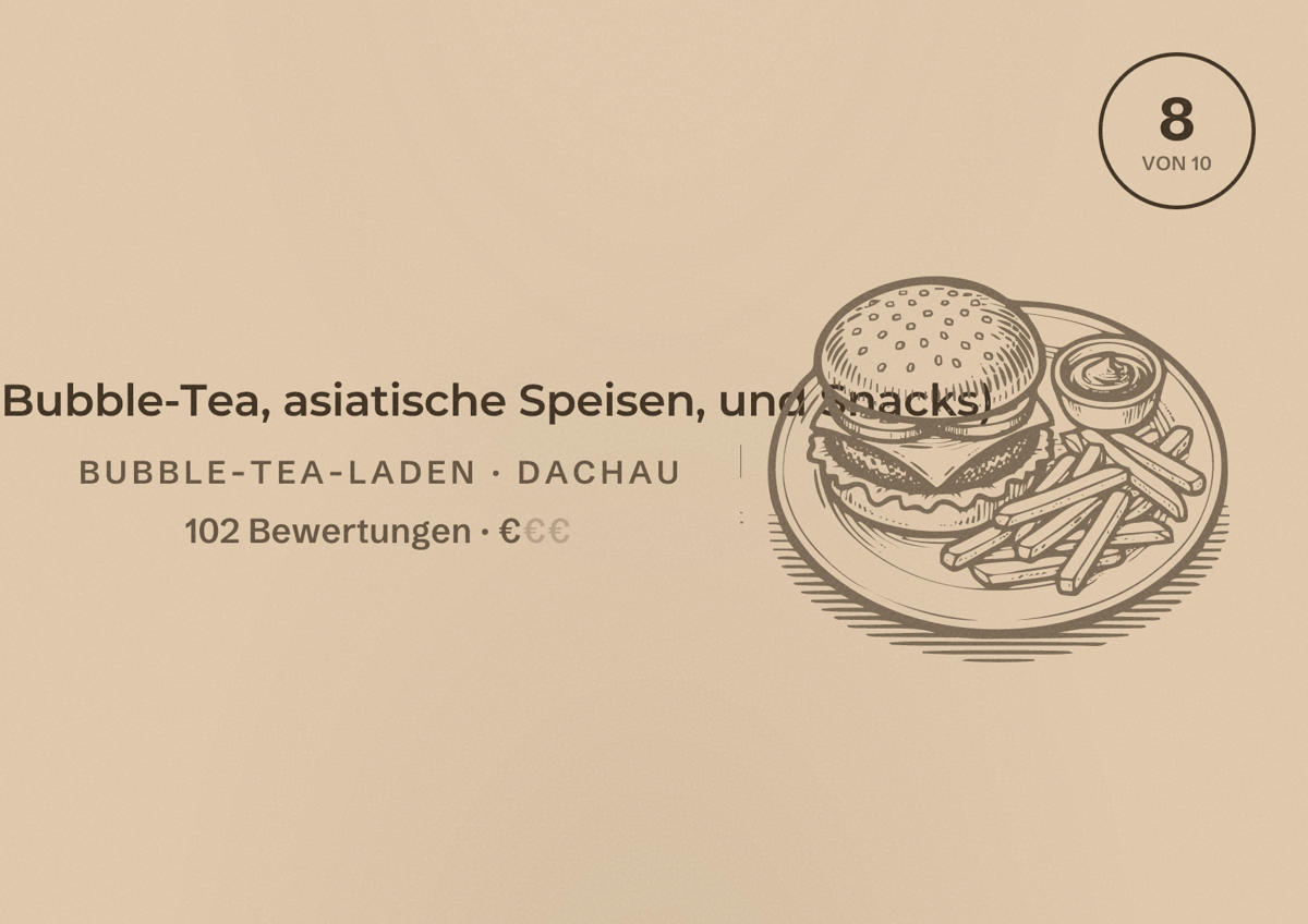 Illustriertes Poster von V-Fam (Bubble-Tea, asiatische Speisen, und Snacks), Bubble-Tea-Laden in Dachau: Bewertung 8 von 10 aus 102 Bewertungen, Preisniveau €