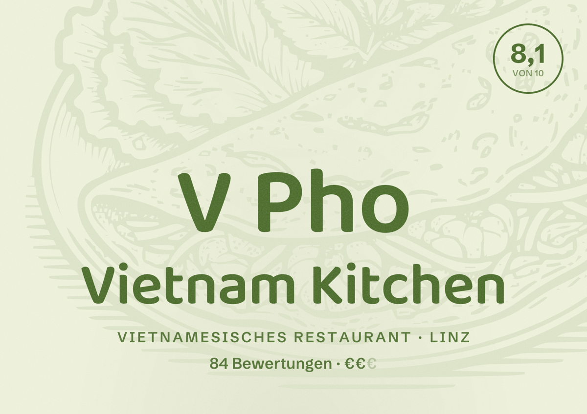 Illustriertes Poster von V Pho Vietnam Kitchen, Vietnamesisches Restaurant in Linz: Bewertung 8,1 von 10 aus 84 Bewertungen, Preisniveau €€