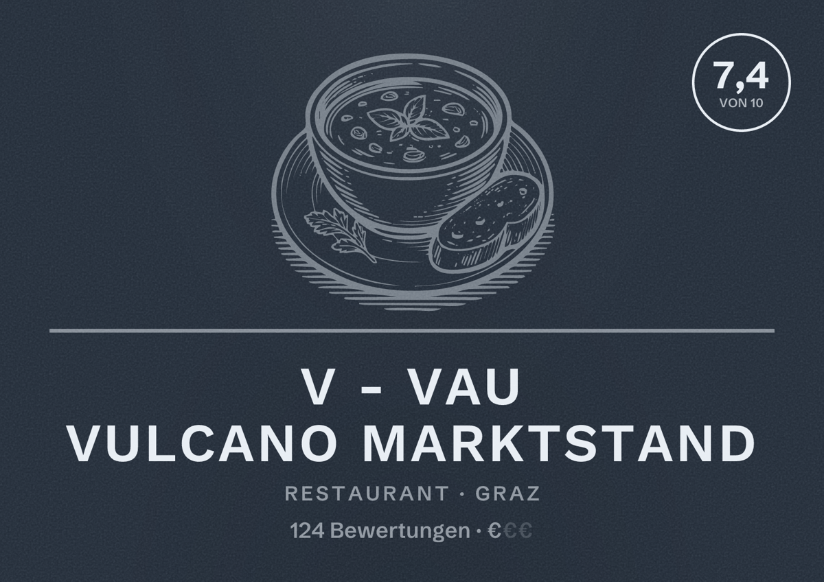Illustriertes Poster von V - vau Vulcano Marktstand, Restaurant in Graz: Bewertung 7,4 von 10 aus 124 Bewertungen, Preisniveau €