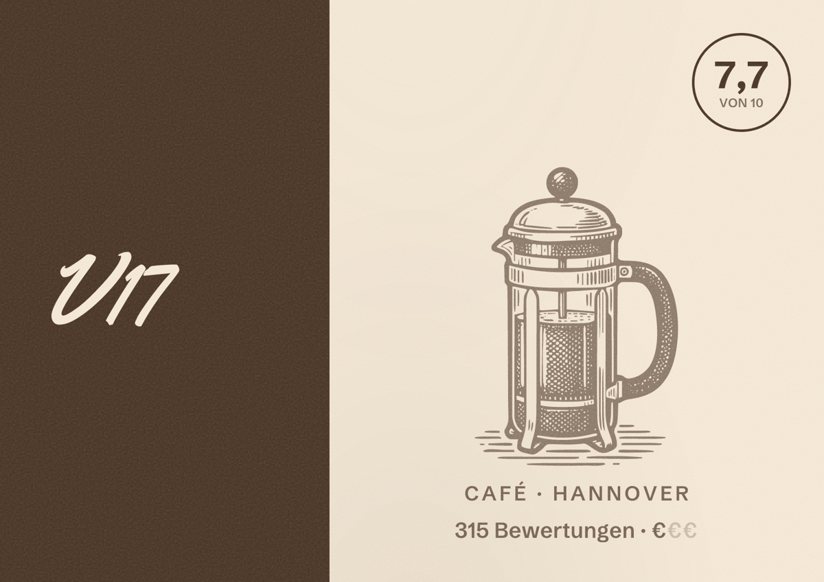 Illustriertes Poster von V17, Café in Hannover: Gästebewertung 7,7 von 10 aus 315 Bewertungen