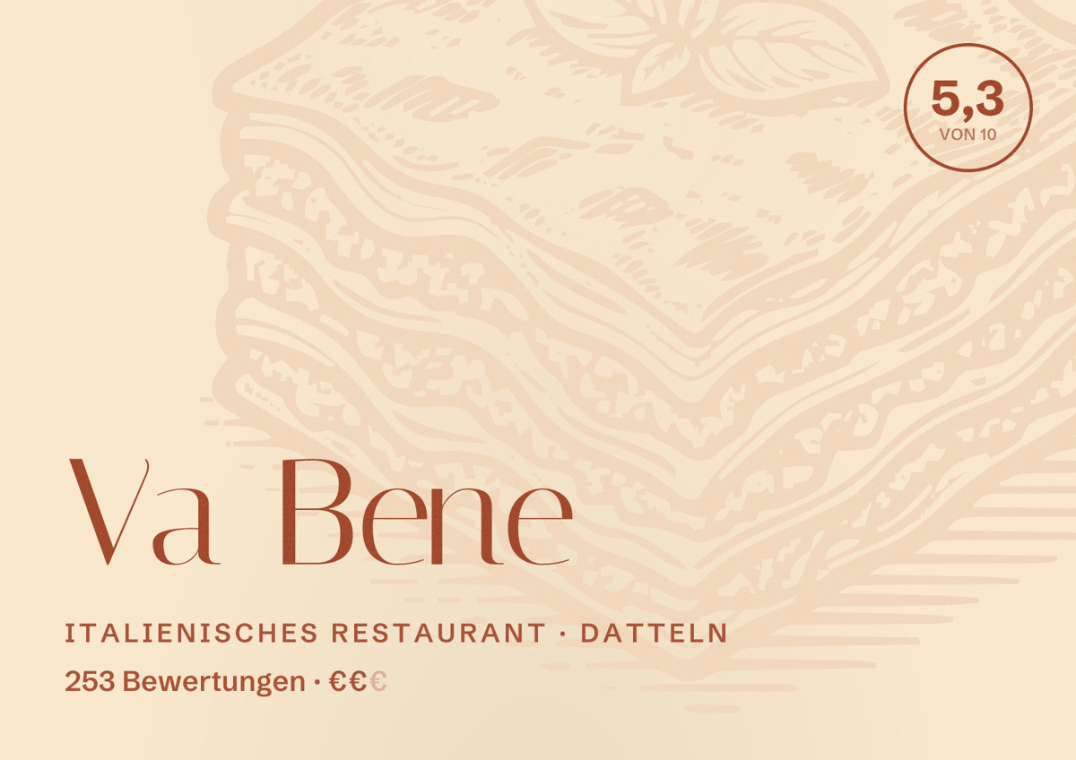 Illustriertes Poster von Va Bene, Italienisches Restaurant in Datteln: Bewertung 5,3 von 10 aus 253 Bewertungen, Preisniveau €€