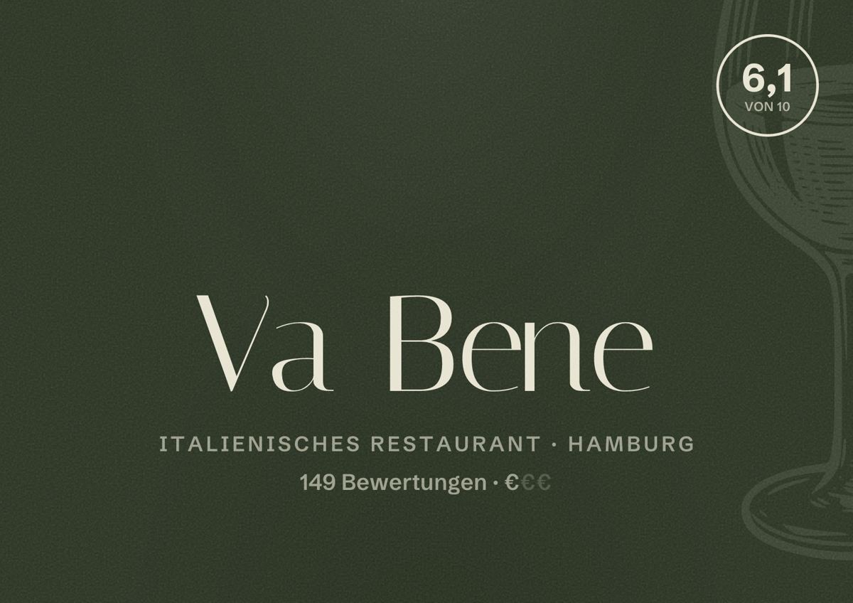 Illustriertes Poster von Va Bene, Italienisches Restaurant in Hamburg: Bewertung 6,1 von 10 aus 149 Bewertungen, Preisniveau €