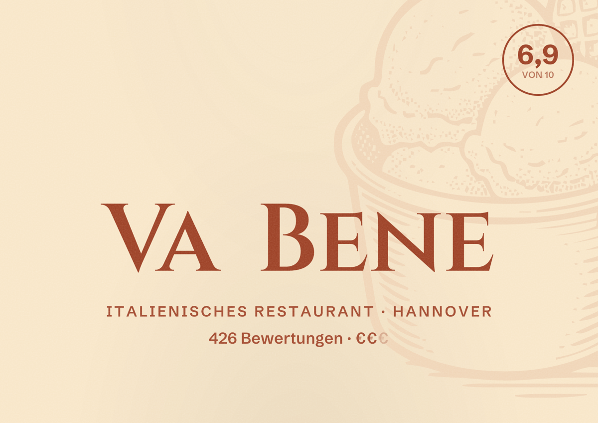 Illustriertes Poster von Va Bene, Italienisches Restaurant in Hannover: Bewertung 6,9 von 10 aus 426 Bewertungen, Preisniveau €€